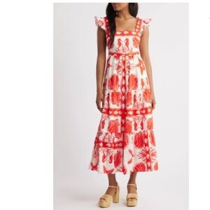 Nordstrom Moon River Red & White Maxi Dress, smocked back, ruffled straps!